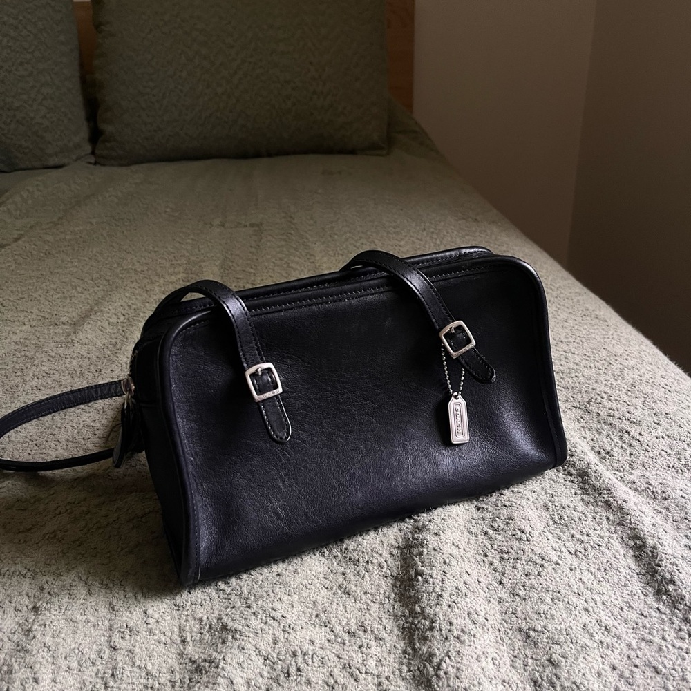 Vintage Coach Black Leather Shoulder Bag with Silver Tone Tag